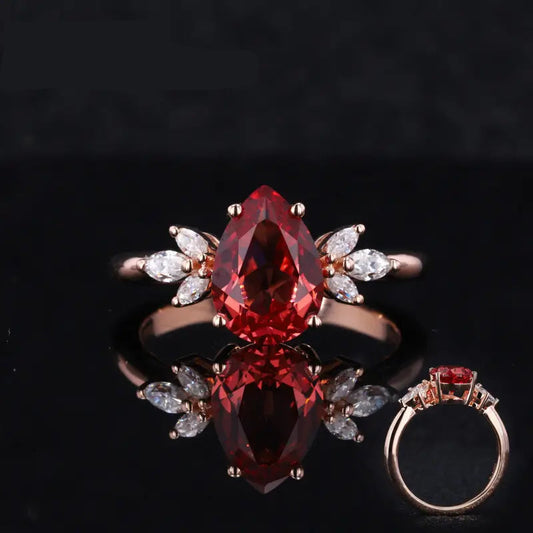 7x10mm, 3.00ct Pear Cut Ruby with Marquise Diamond Accents in 14K Solid Rose Gold