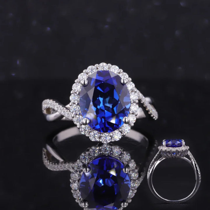 8x10mm, 4.00ct Oval Lab-Grown Blue Sapphire with Diamond Halo Ring/Twisted Band in 14K White Gold