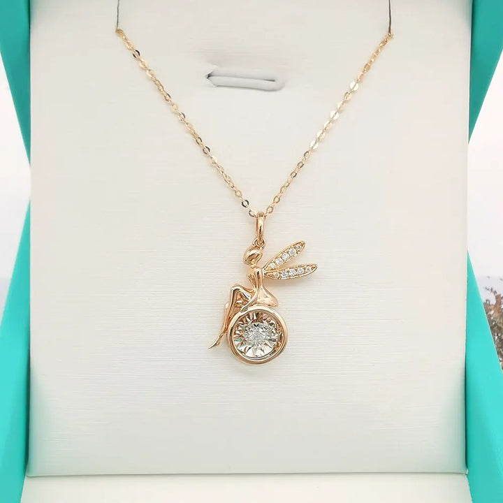 Fairy Pendant Necklace with 0.05ct Dancing Diamond in 18K Solid Yellow Gold