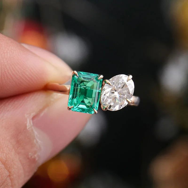 Customized 2ct Oval Moissanite & Emerald Colombia Lab gemstone Toi et Moi Two Stone Ring 14k Yellow Gold