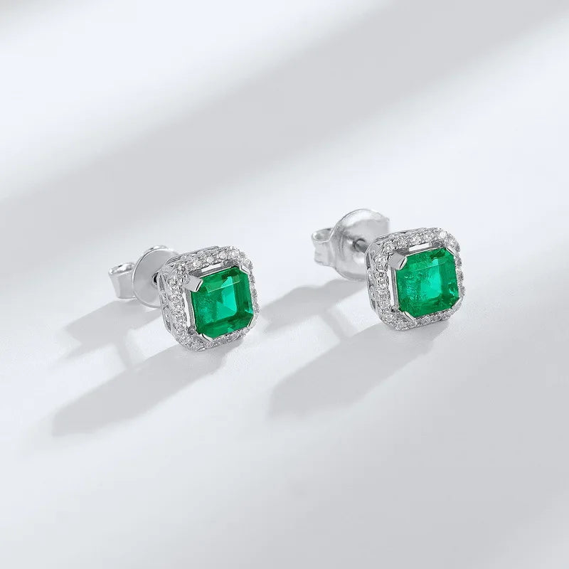 Asscher Cut Emerald Halo Stud Earrings in 18k White Gold-Plated 925 Sterling Silver