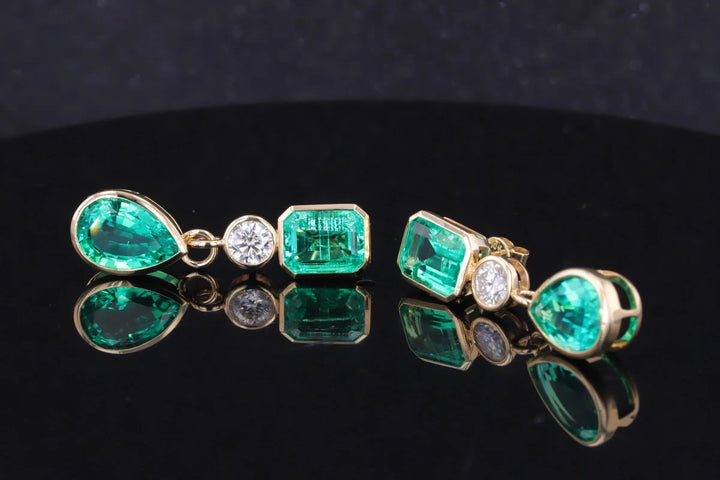 8x12mm Pear & 7x9mm Emerald Cut 4.90ctw Lab-Grown Colombian Emerald Bezel-Set Dangle Earrings with Diamond in 14K Yellow Gold