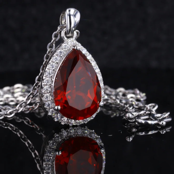 9x13mm, 7.00ct Pear Lab-Grown Red Ruby with Diamond Halo Pendant Necklace in Platinum