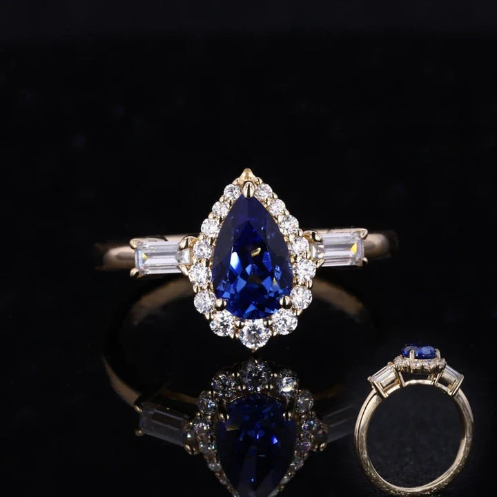 5x8mm, 1.10ct Pear Lab-Grown Blue Sapphire Ring with Diamond Halo/Baguette Side Stones in 14K Yellow Gold