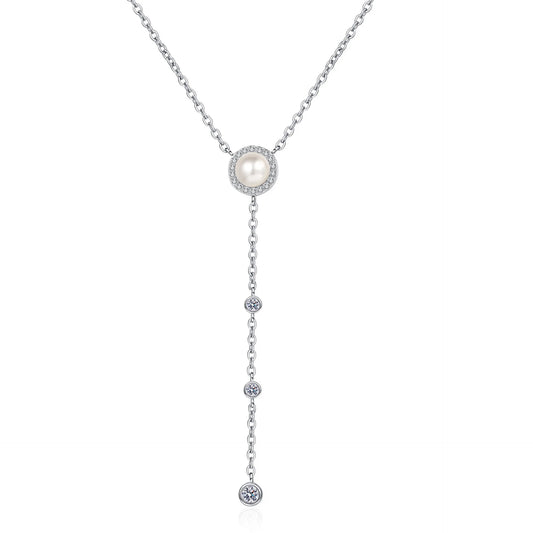 8mm Pearl with Moissanite Dangle Pendant Necklace in Platinum Plated 925 Silver