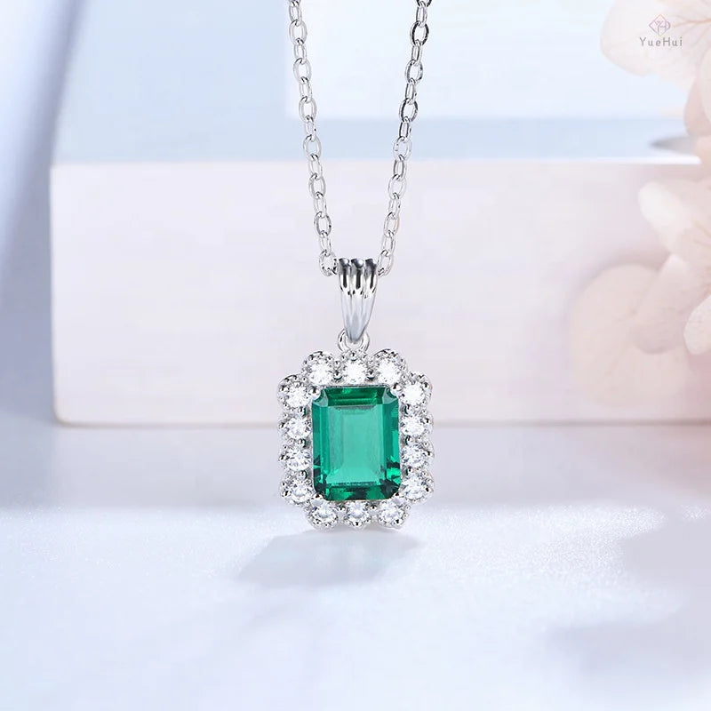 6*8mm Emerald Moissanite Halo Pendant/Necklace in 18K White Gold-Plated 925 Sterling Silver