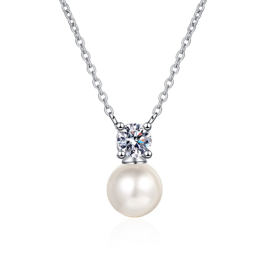 Pearl Moissanite Pendant Necklace in Platinum Plated 925 silver