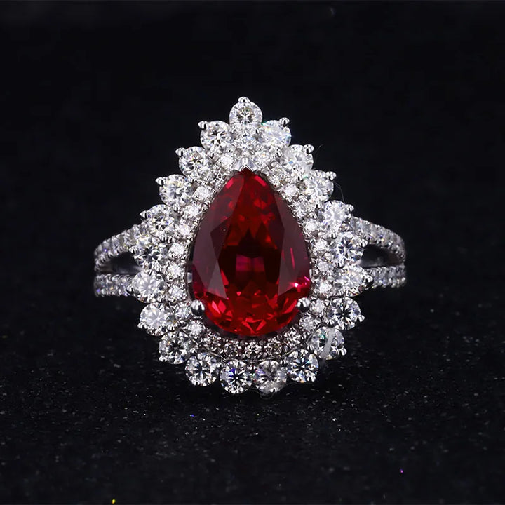 7x10mm, 2.75ct Pear Lab-Grown Red Ruby Ring with Diamond Halo/Band in 14K White Gold