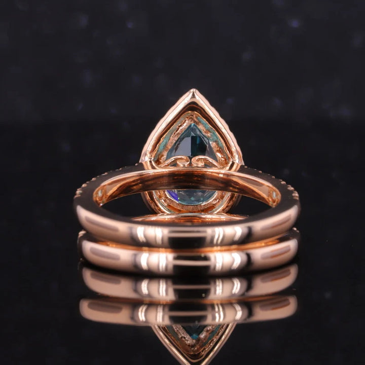 7x10mm Pear Cut Paraiba Diamond Halo/Half Eternity Ring with Staking Band in 18K Solid Rose Gold
