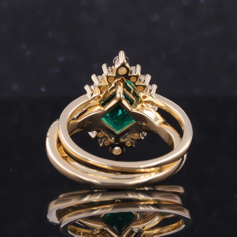 8*8mm Princess Cut Columbian Emerald Band Ring with Two Staking Rings in 14K Solid Yellow Gold