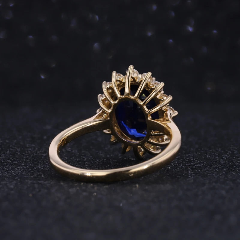 8x11mm, 5.27ct Oval Lab-Grown Blue Sapphire "Diana Setting" Ring with Diamond Halo in 14K Yellow Gold