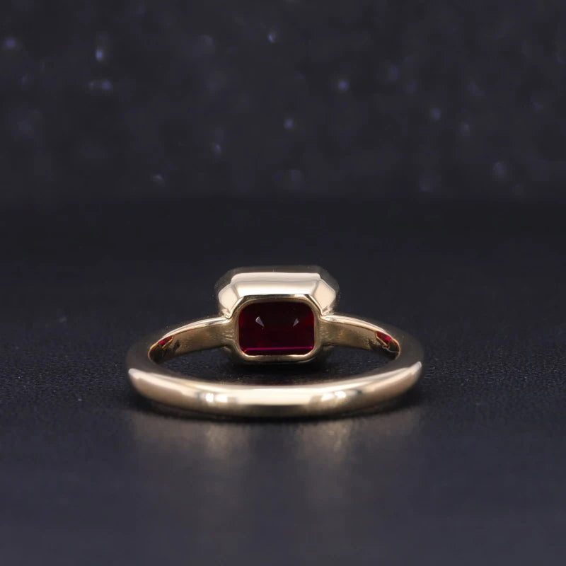 8x6mm, 2.00ct Emerald Lab-Grown Red Ruby Bezel-Set Ring in 14K Yellow Gold