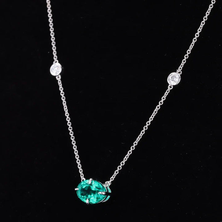 6x8mm, 1.50ct Oval Lab-Grown Colombian Emerald Pendant with Diamond Accent Necklace in 14K White Gold