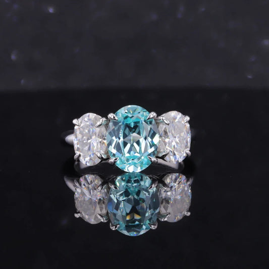 7*9mm Oval Cut Paraiba Moissanite Three Stone Ring in 14K Solid White Gold