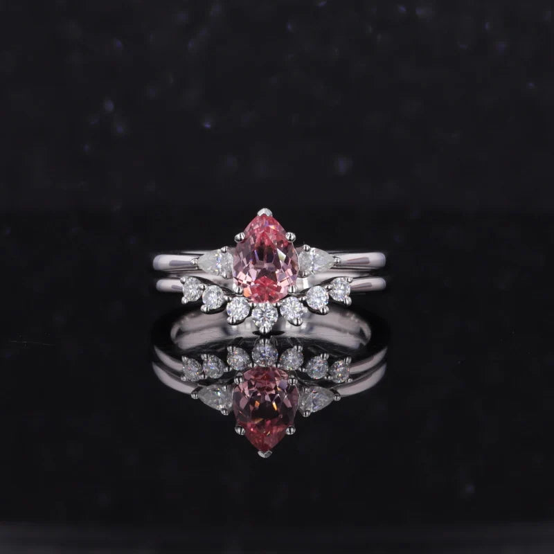 5*7mm Pear Cut Pink Sapphire with Pear Cut Moissanite Ring with Stacking Moissanite Ring in 14K White Yellow Gold
