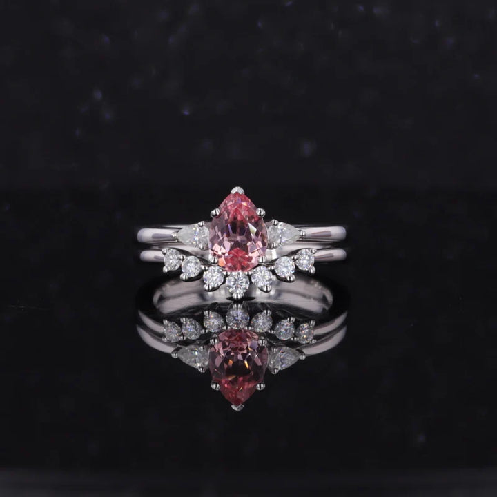 5x7mm, 0.85ct Pear Lab-Grown Pink Sapphire with Pear Diamond Three-Stone Ring with Stacking Diamond Ring in 14K White Gold
