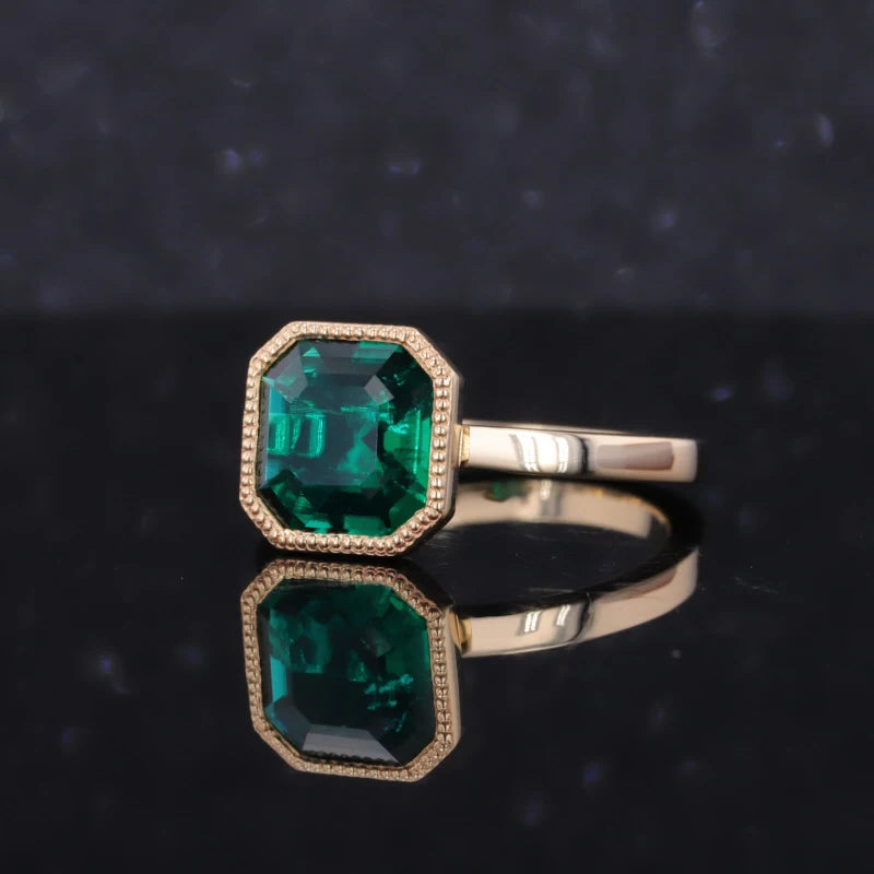 8*8mm Asscher Cut Zambian Green Emerald Ring in 10K Solid Yellow Gold