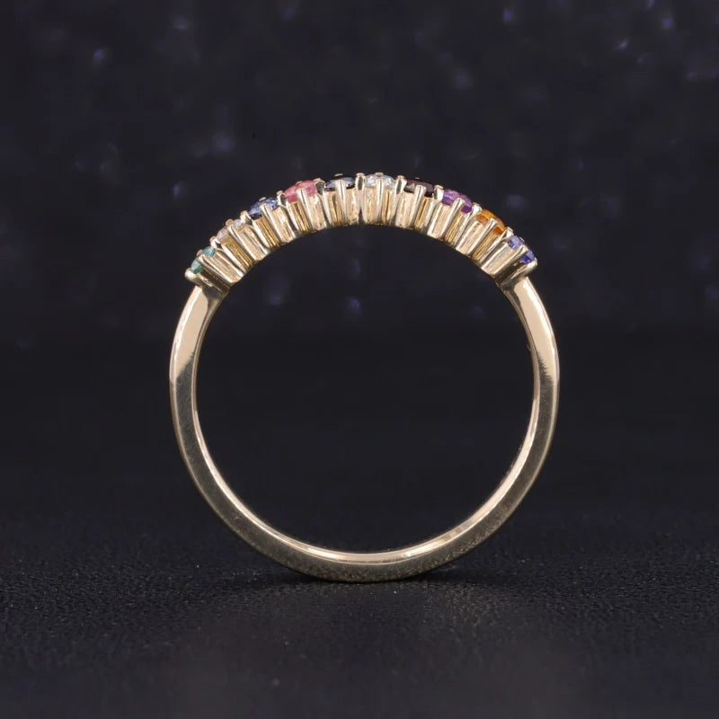 2mm, 1.10ctw Round Natural Multicolor Sapphires Half-Eternity Rainbow Ring in 14K Yellow Gold