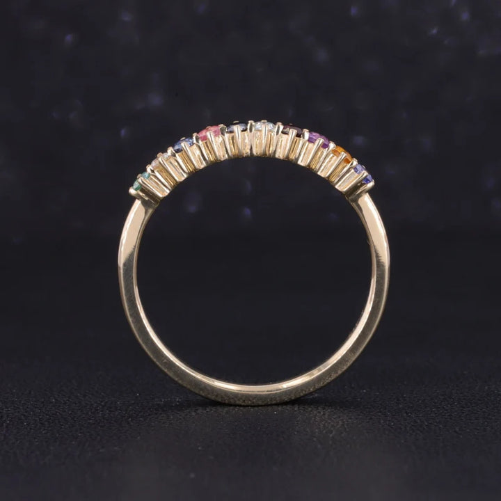 2mm, 1.10ctw Round Natural Multicolor Sapphires Half-Eternity Rainbow Ring in 14K Yellow Gold