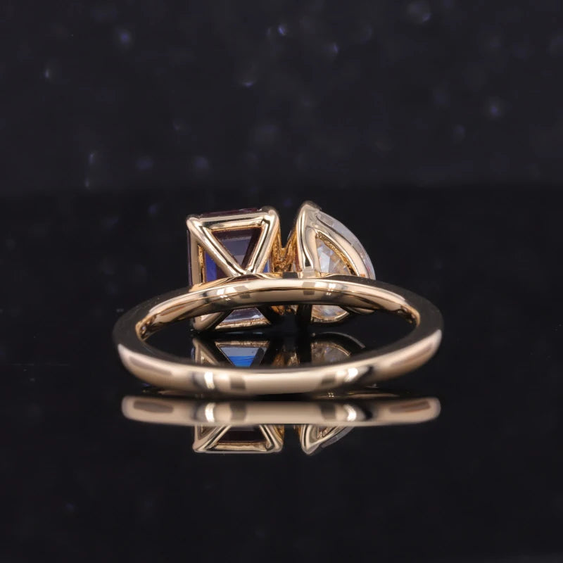 6*8mm Emerald Cut Alexandrite and 6*8mm Pear Cut Moissanite Toi Et Moi Ring in Solid 14K Yellow Gold