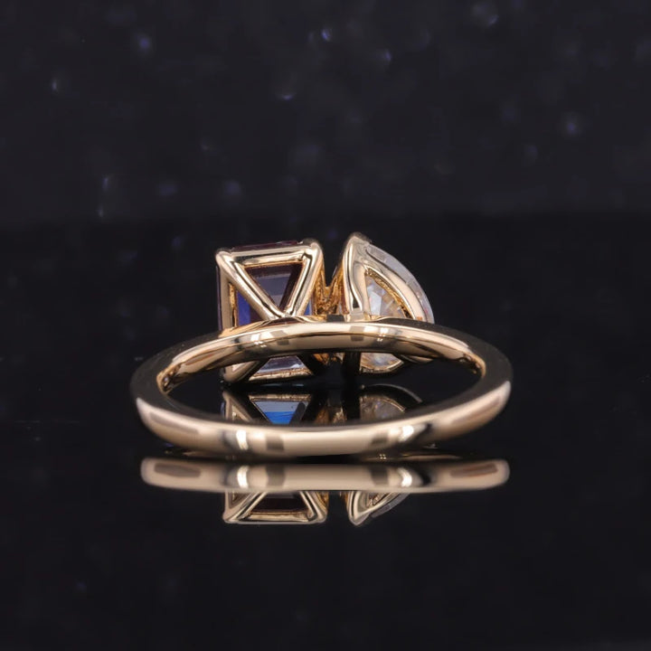 6*8mm Emerald Cut Alexandrite and 6*8mm Pear Cut Moissanite Toi Et Moi Ring in Solid 14K Yellow Gold