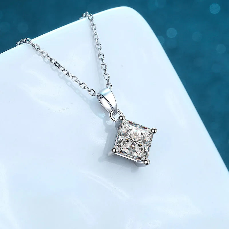 Princess Cut Moissanite Pendant Necklace in Platinum plated 925 silver
