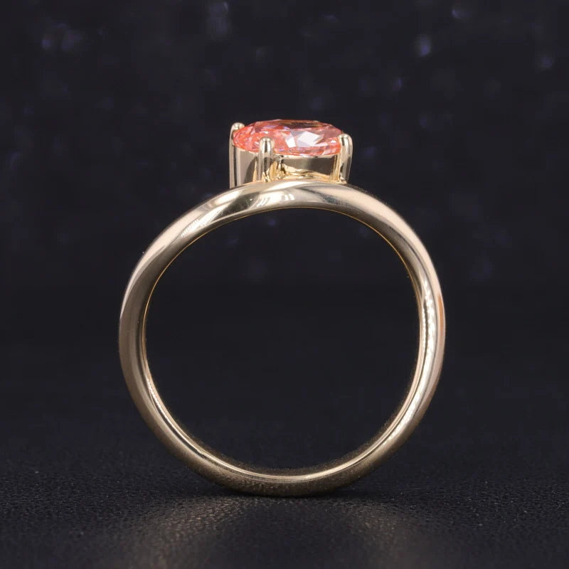 1.00ct Oval Cut Vivid Pink Diamond Curved Ring in 14K Solid Yellow Gold