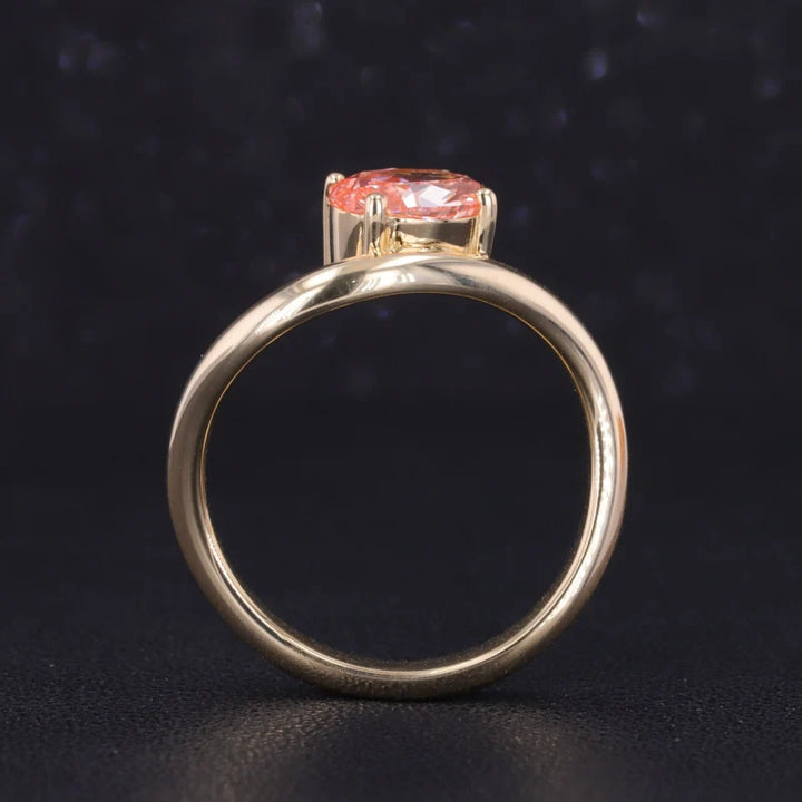 1.00ct Oval Cut Vivid Pink Diamond Curved Ring in 14K Solid Yellow Gold