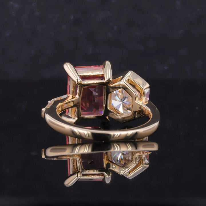 7.5x10mm Emerald Cut Sakura Pink Sapphire & 7.5mm Hexagon Cut Moissanite Toi Et Moi Ring in 14K Yellow Gold