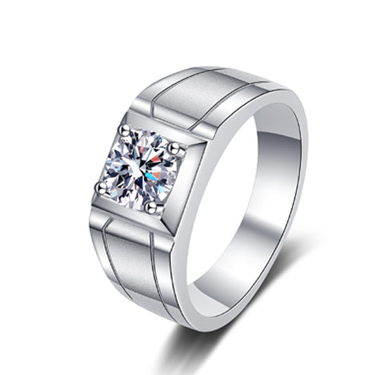 Round Moissanite Men's Ring with Minimalist Band in White Gold-Plated 925 Silver