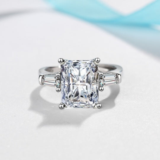 Radiant Cut Moissanite Ring with Trapezoid Baguette Accents in White Gold-Plated 925 Silver