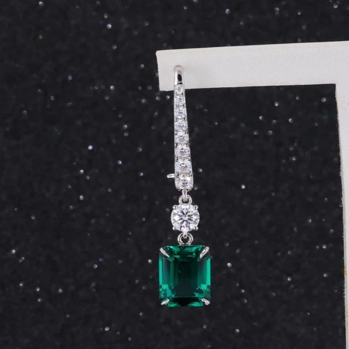 9x11mm, 3.50ct Each Emerald Cut Zambian Emerald with Diamond Dangle Earrings in 14K Solid White Gold