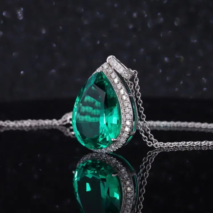 13x18mm, 9.5ct Pear Lab-Grown Colombian Emerald with Diamond Halo Pendant/Necklace in 18K White Gold