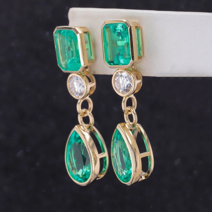 8x12mm Pear & 7x9mm Emerald Cut 4.90ctw Lab-Grown Colombian Emerald Bezel-Set Dangle Earrings with Diamond in 14K Yellow Gold