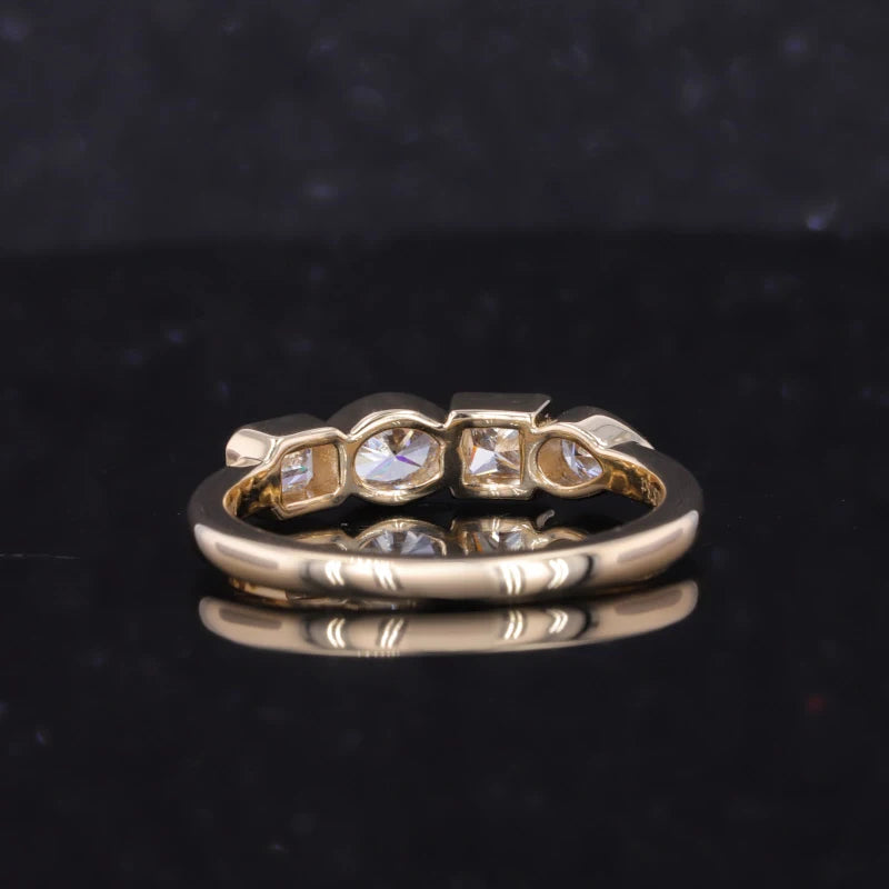 Four Stone (Pear, Princess, Oval, Emerald Cut) Moissanite Ring in 10K Solid Yellow Gold