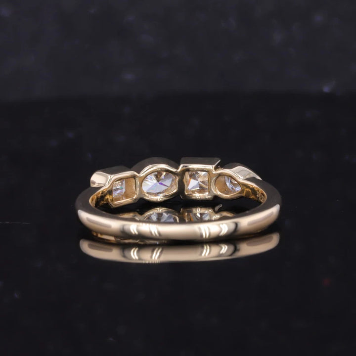 Four Stone (Pear, Princess, Oval, Emerald Cut) Moissanite Ring in 10K Solid Yellow Gold