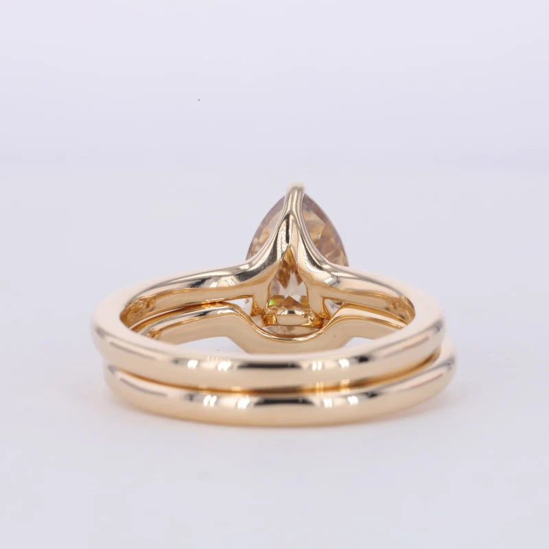 7*10mm Pear Cut Champagne Double-Band Ring in 14K Solid Yellow Gold