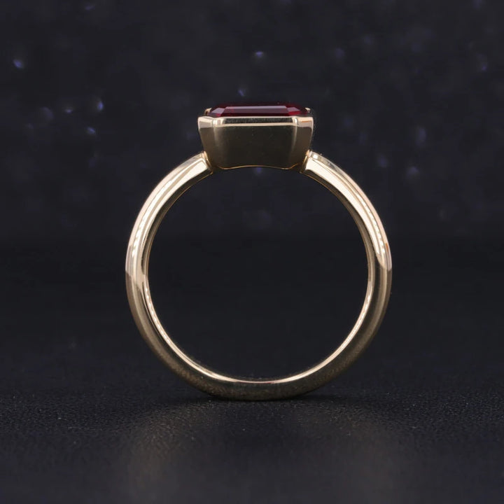 8x6mm, 2.00ct Emerald Lab-Grown Red Ruby Bezel-Set Ring in 14K Yellow Gold