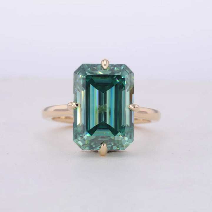 12x16mm Emerald Cut Green Moissanite Solitaire Ring in 14K Solid Yellow Gold