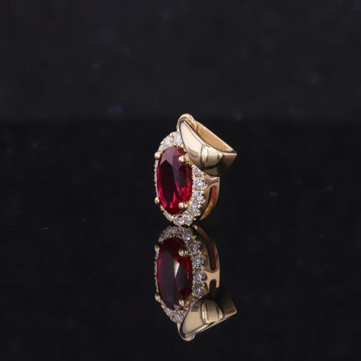 5x7mm, 1.25ct Oval Cut Ruby with Diamond Halo Pendant in 14K Solid Yellow Gold