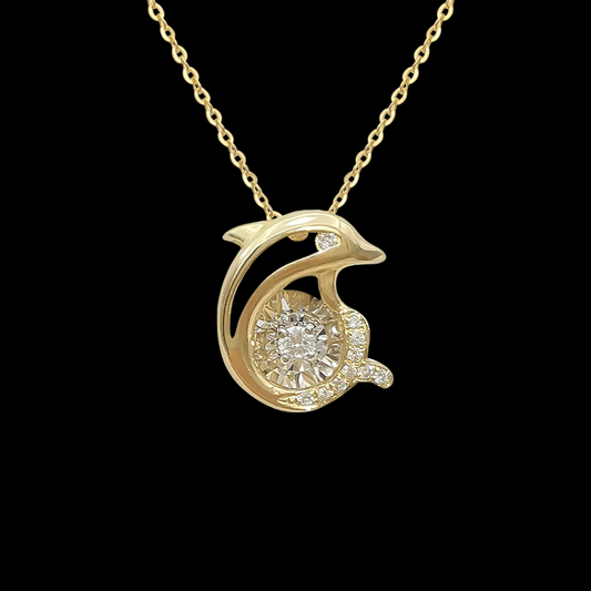 Dolphin Pendant with Dancing Diamond Necklace in 18K Yellow Gold
