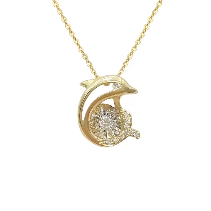 Dolphin Pendant Necklace with Dancing Diamond in 18K Solid Yellow Gold