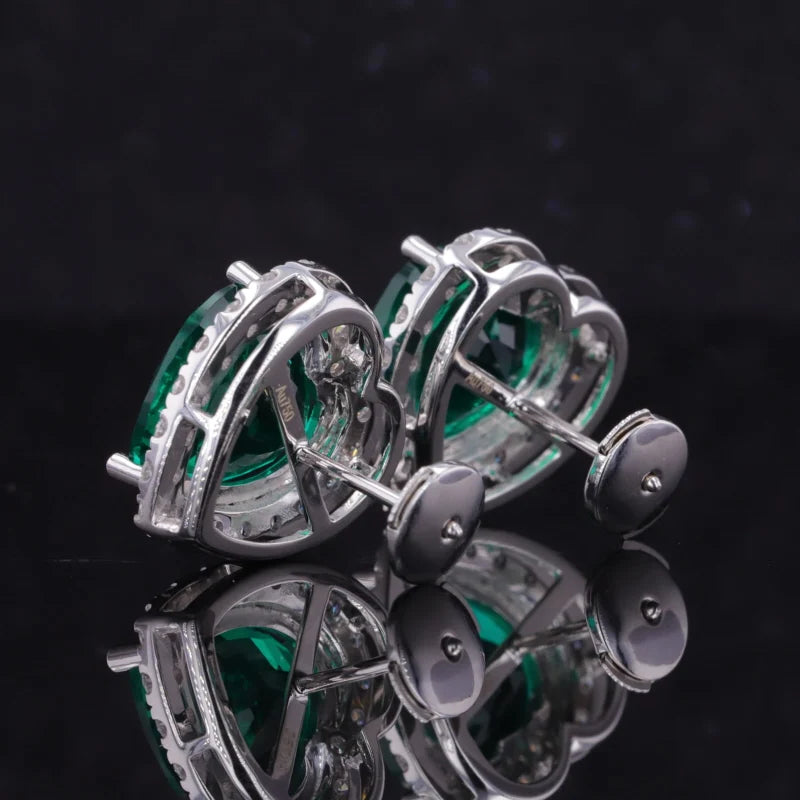 10mm, 3.20ct each Heart Lab-Grown Zambian Emerald with Diamond Halo Earrings in 18K White Gold