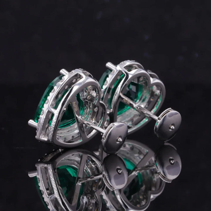 10mm, 3.20ct each Heart Lab-Grown Zambian Emerald with Diamond Halo Earrings in 18K White Gold