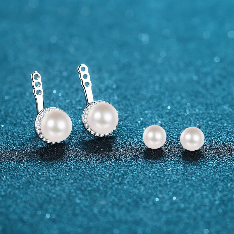 7mm and 9mm Pearl Moissanite Earrings in Platinum Plated 925 Silver