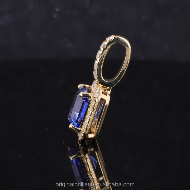 8*8mm Asscher Cut Blue Sapphire Halo Moissanite Pendant in 18k Solid Yellow Gold