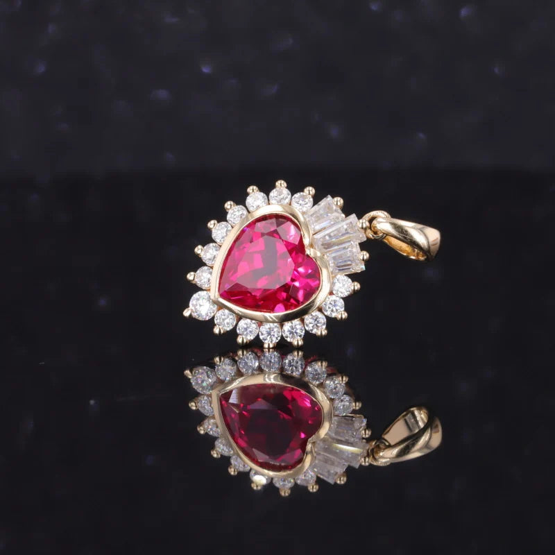 7mm, 2.00ct Heart Lab-Grown Red Ruby Pendant with Diamond Accents in 14K Yellow Gold