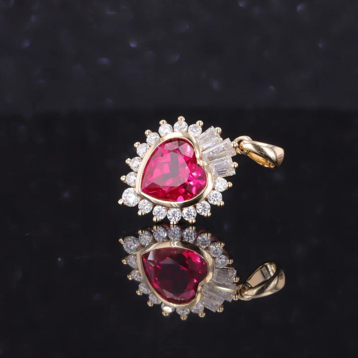 7mm, 2.00ct Heart Lab-Grown Red Ruby Pendant with Diamond Accents in 14K Yellow Gold