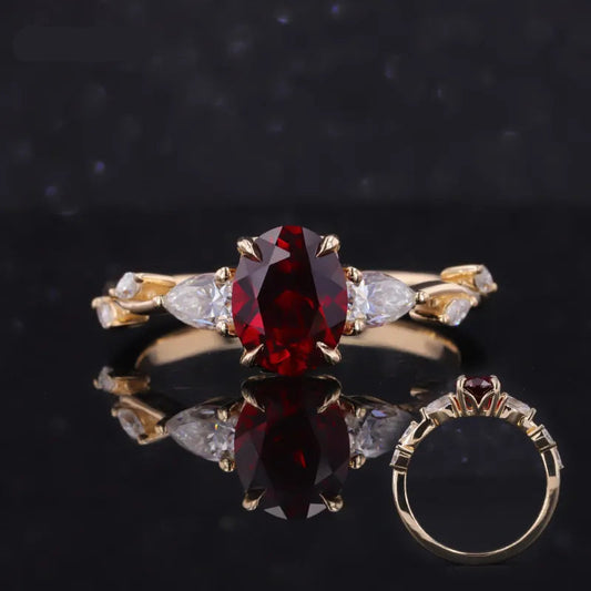 7x9mm, 2.50ct Oval Cut Ruby Ring with Pear and Marquise Diamond in 14K Solid Yellow Gold