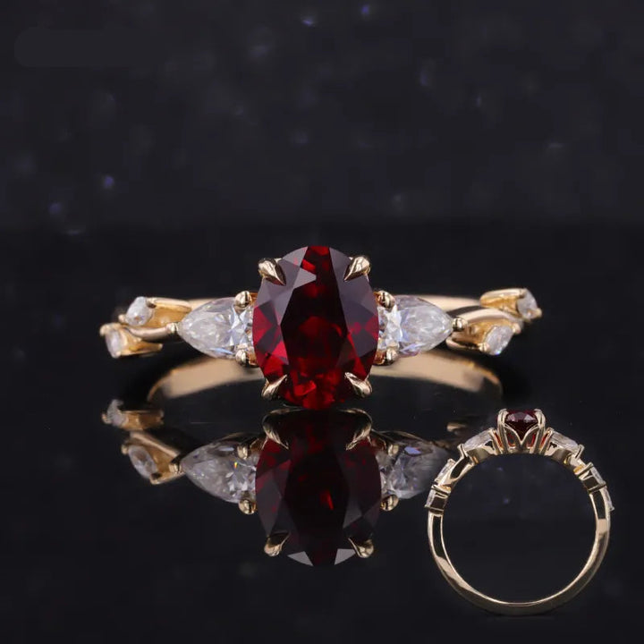 7x9mm, 2.50ct Oval Lab-Grown Red Ruby Ring with Floral Diamond Band in 14K Yellow Gold